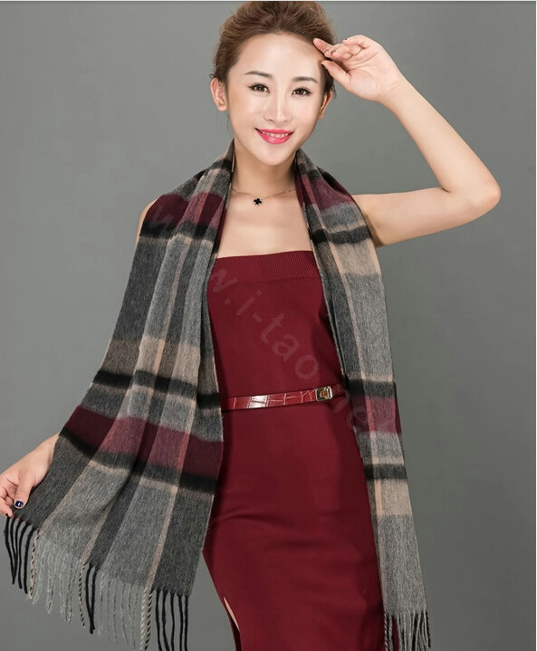 Top Grade Long Lattice Wool Scarf Women Winter Thicken Cashmere Tassels Shawls - Gray+Red