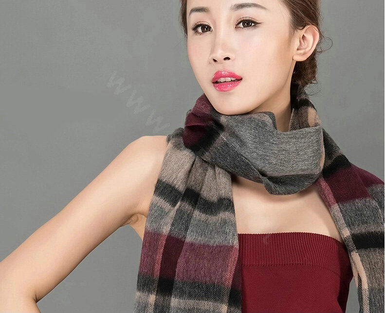 Top Grade Long Lattice Wool Scarf Women Winter Thicken Cashmere Tassels Shawls - Gray+Red