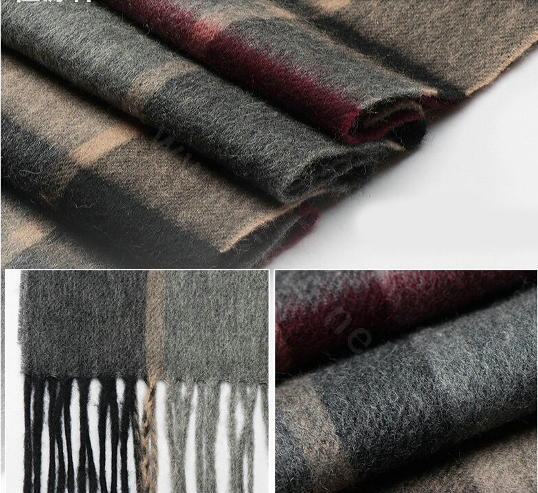 Top Grade Long Lattice Wool Scarf Women Winter Thicken Cashmere Tassels Shawls - Gray+Red