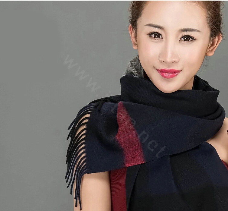 Top Grade Long Lattice Wool Scarf Women Winter Thicken Cashmere Tassels Shawls - Navy Blue