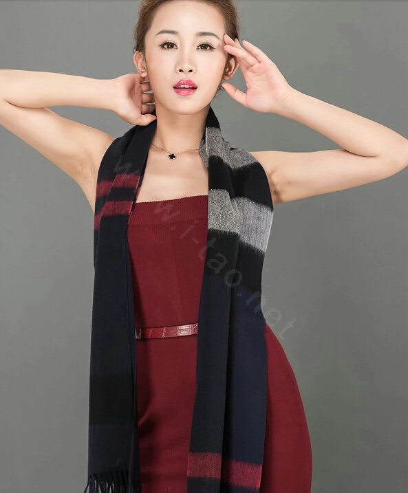 Top Grade Long Lattice Wool Scarf Women Winter Thicken Cashmere Tassels Shawls - Navy Blue