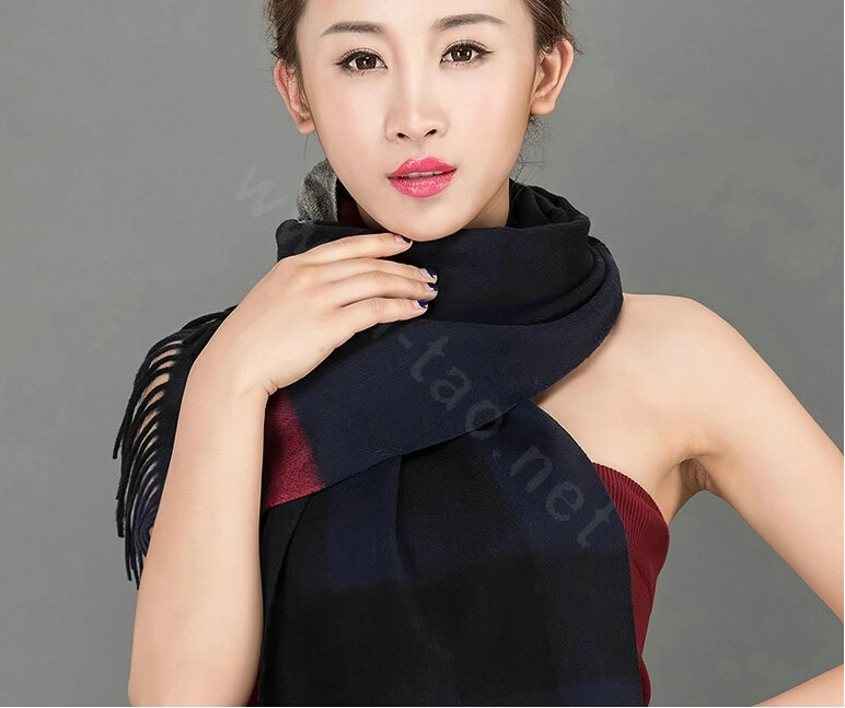 Top Grade Long Lattice Wool Scarf Women Winter Thicken Cashmere Tassels Shawls - Navy Blue
