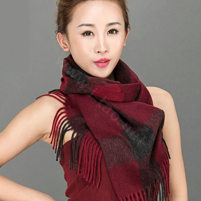 Top Grade Long Lattice Wool Scarf Women Winter Thicken Cashmere Tassels Shawls - Purple+Red