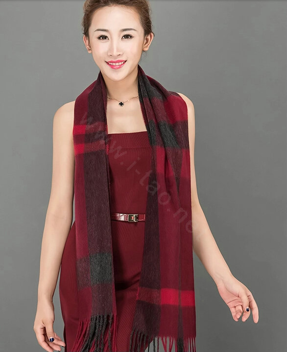 Top Grade Long Lattice Wool Scarf Women Winter Thicken Cashmere Tassels Shawls - Purple+Red