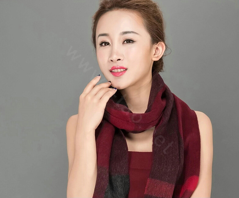 Top Grade Long Lattice Wool Scarf Women Winter Thicken Cashmere Tassels Shawls - Purple+Red