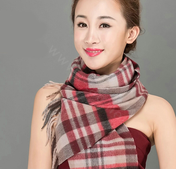 Top Grade Long Lattice Wool Scarf Women Winter Thicken Cashmere Tassels Shawls - Red+Camel