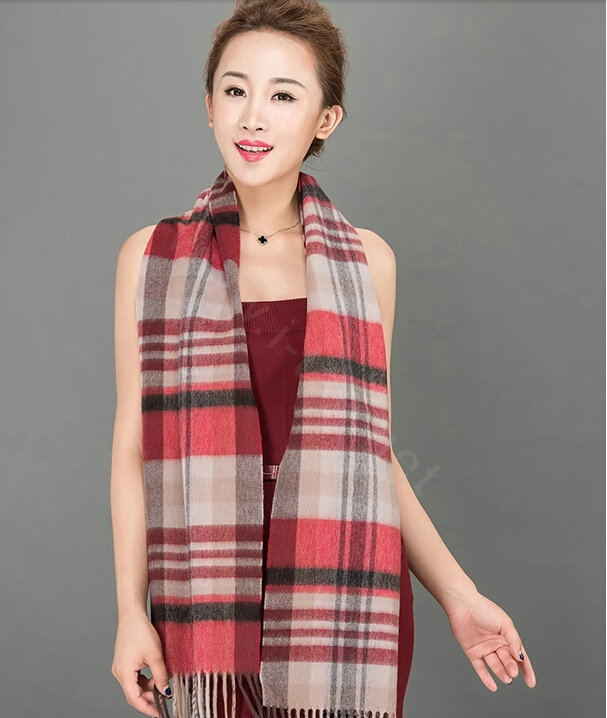 Top Grade Long Lattice Wool Scarf Women Winter Thicken Cashmere Tassels Shawls - Red+Camel