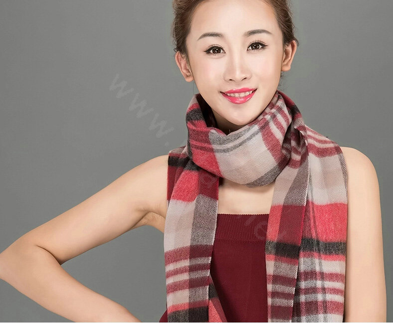 Top Grade Long Lattice Wool Scarf Women Winter Thicken Cashmere Tassels Shawls - Red+Camel