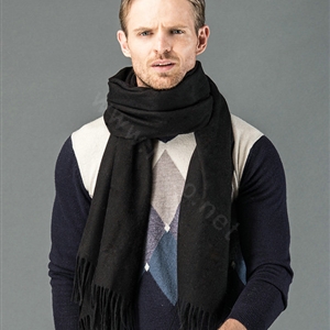 Top Grade Long Solid Color Wool Scarf Man Winter Thicken Cashmere Large Tassels Muffler - Black
