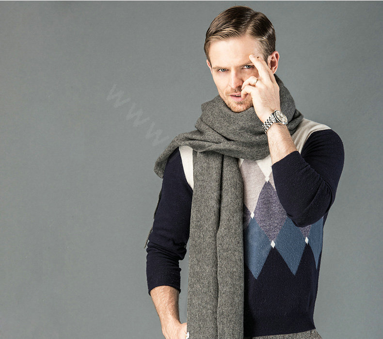 Top Grade Long Solid Color Wool Scarf Man Winter Thicken Cashmere Large Tassels Muffler - Dark Gray