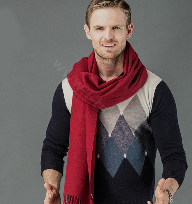 Top Grade Long Solid Color Wool Scarf Man Winter Thicken Cashmere Large Tassels Muffler - Dark Red