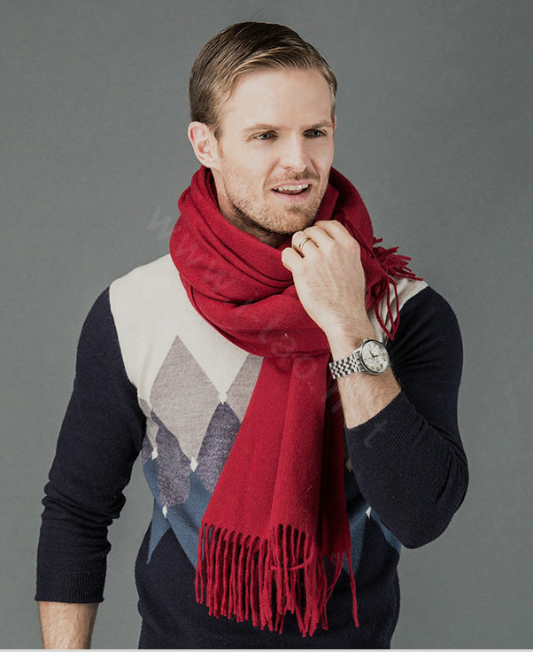 Top Grade Long Solid Color Wool Scarf Man Winter Thicken Cashmere Large Tassels Muffler - Dark Red
