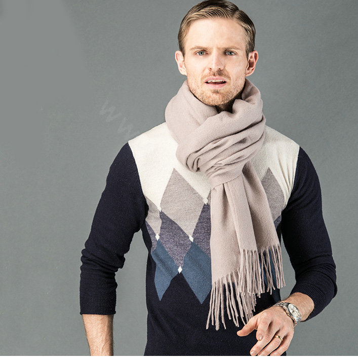 Top Grade Long Solid Color Wool Scarf Man Winter Thicken Cashmere Large Tassels Muffler - Lavender