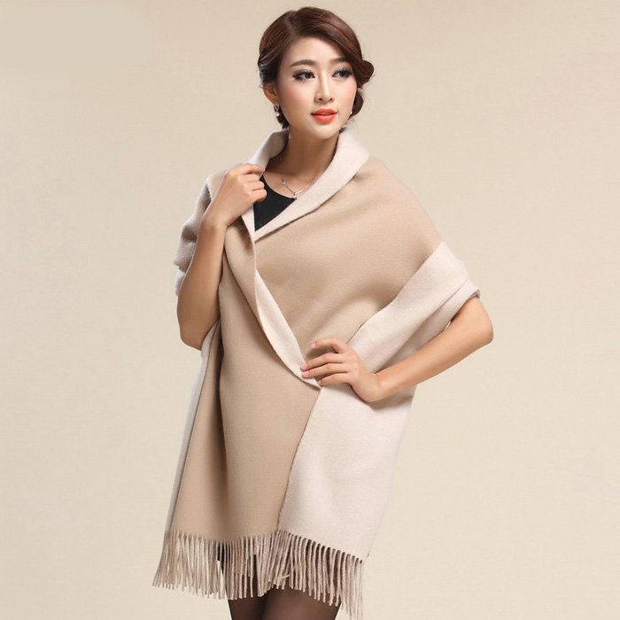 Top Grade Long Wool Shawls Berber Fleece Scarf Women Winter Thicken Tassels Cape - Khaki