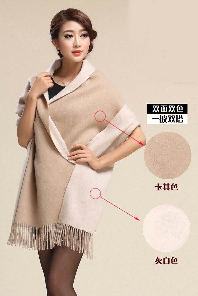 Top Grade Long Wool Shawls Berber Fleece Scarf Women Winter Thicken Tassels Cape - Khaki