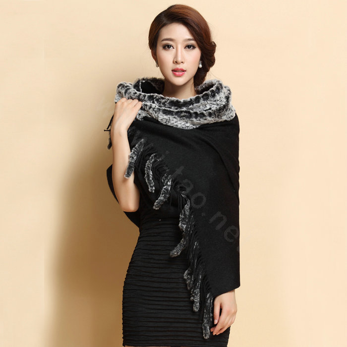 Top Grade Long Wool Shawls Rex Rabbit fur Scarf Women Winter Thicken Tassels Cape - Black