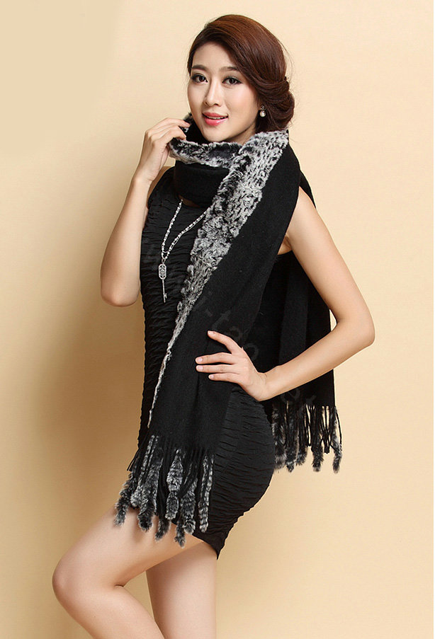 Top Grade Long Wool Shawls Rex Rabbit fur Scarf Women Winter Thicken Tassels Cape - Black