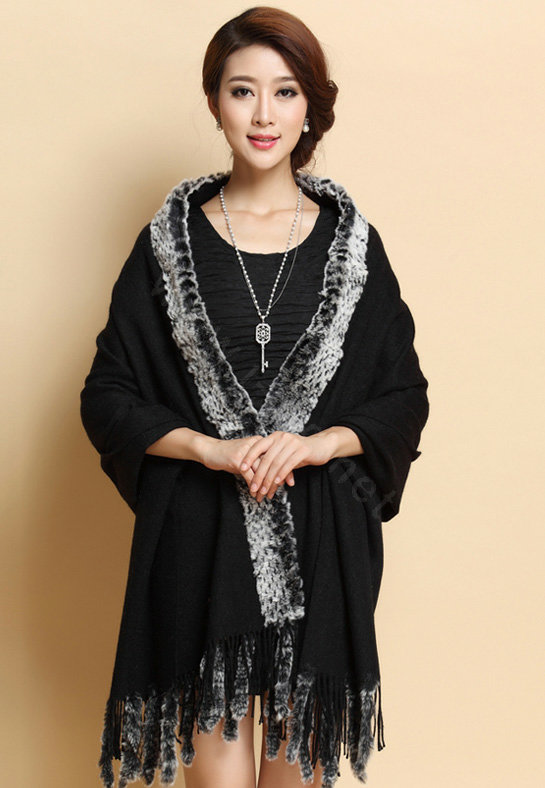 Top Grade Long Wool Shawls Rex Rabbit fur Scarf Women Winter Thicken Tassels Cape - Black