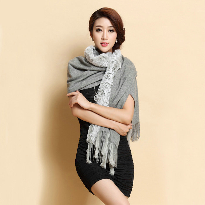 Top Grade Long Wool Shawls Rex Rabbit fur Scarf Women Winter Thicken Tassels Cape - Gray
