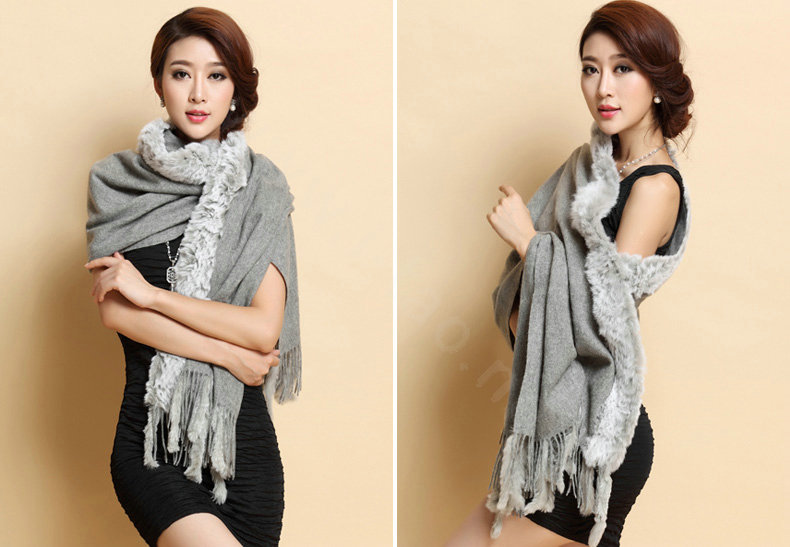 Top Grade Long Wool Shawls Rex Rabbit fur Scarf Women Winter Thicken Tassels Cape - Gray