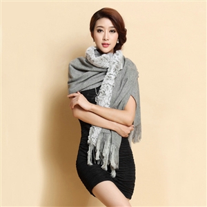 Top Grade Long Wool Shawls Rex Rabbit fur Scarf Women Winter Thicken Tassels Cape - Gray