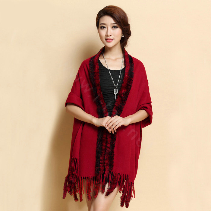 Top Grade Long Wool Shawls Rex Rabbit fur Scarf Women Winter Thicken Tassels Cape - Red