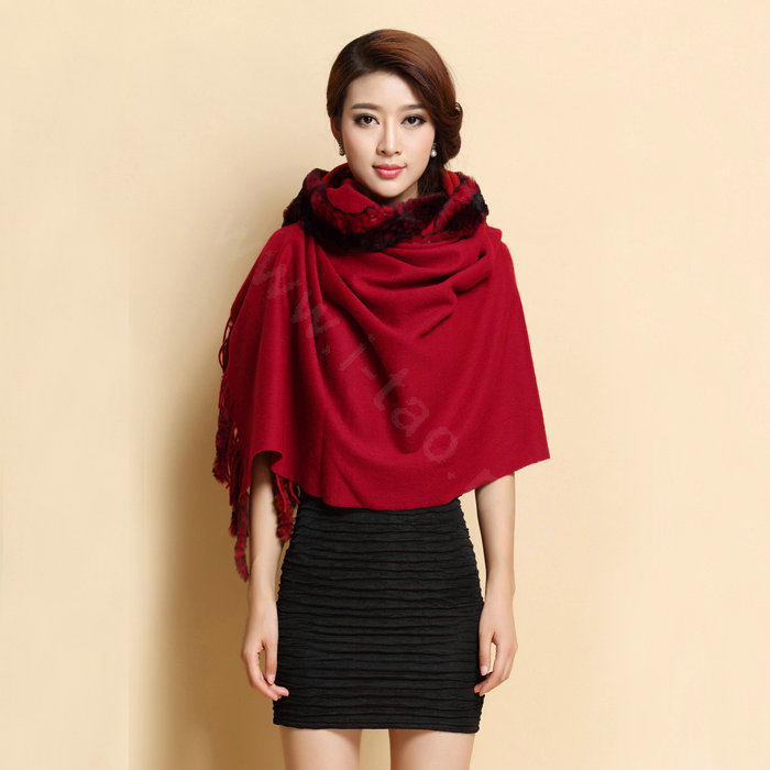 Top Grade Long Wool Shawls Rex Rabbit fur Scarf Women Winter Thicken Tassels Cape - Red