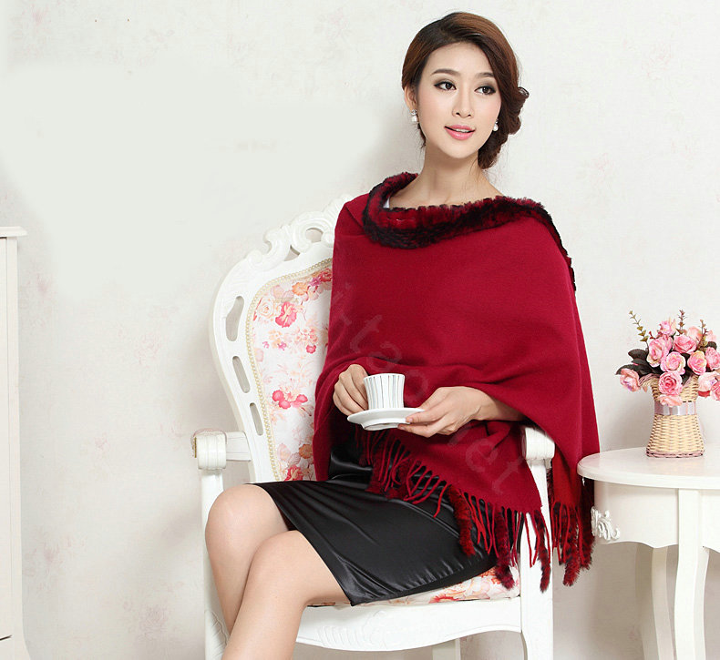 Top Grade Long Wool Shawls Rex Rabbit fur Scarf Women Winter Thicken Tassels Cape - Red