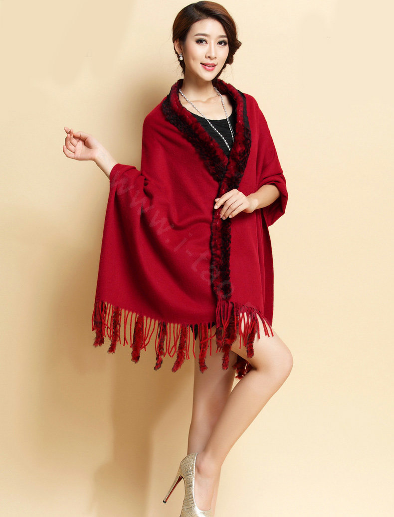 Top Grade Long Wool Shawls Rex Rabbit fur Scarf Women Winter Thicken Tassels Cape - Red