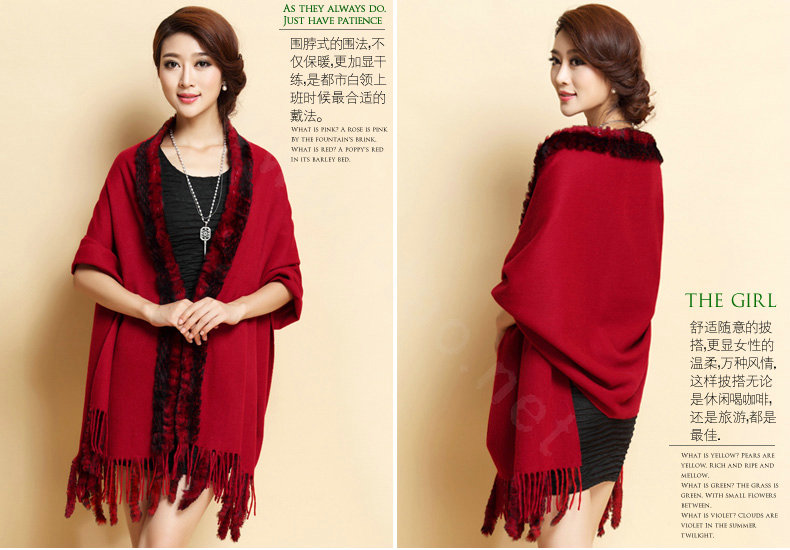 Top Grade Long Wool Shawls Rex Rabbit fur Scarf Women Winter Thicken Tassels Cape - Red