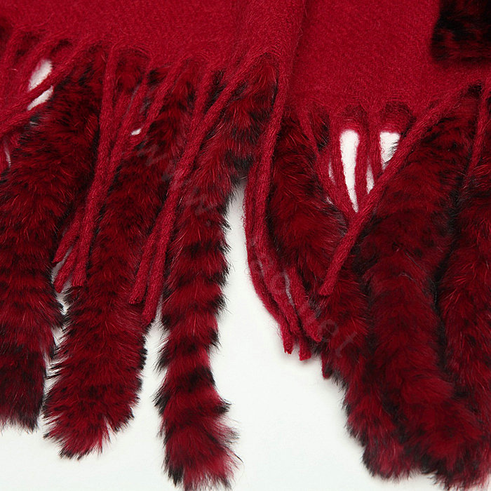 Top Grade Long Wool Shawls Rex Rabbit fur Scarf Women Winter Thicken Tassels Cape - Red