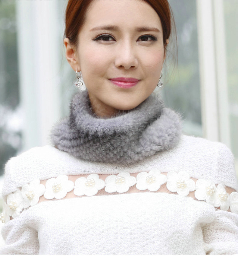 Top Grade Mink Fur Scarf Women Winter Warm Neck Wrap Knitted Fur Collar - Gray