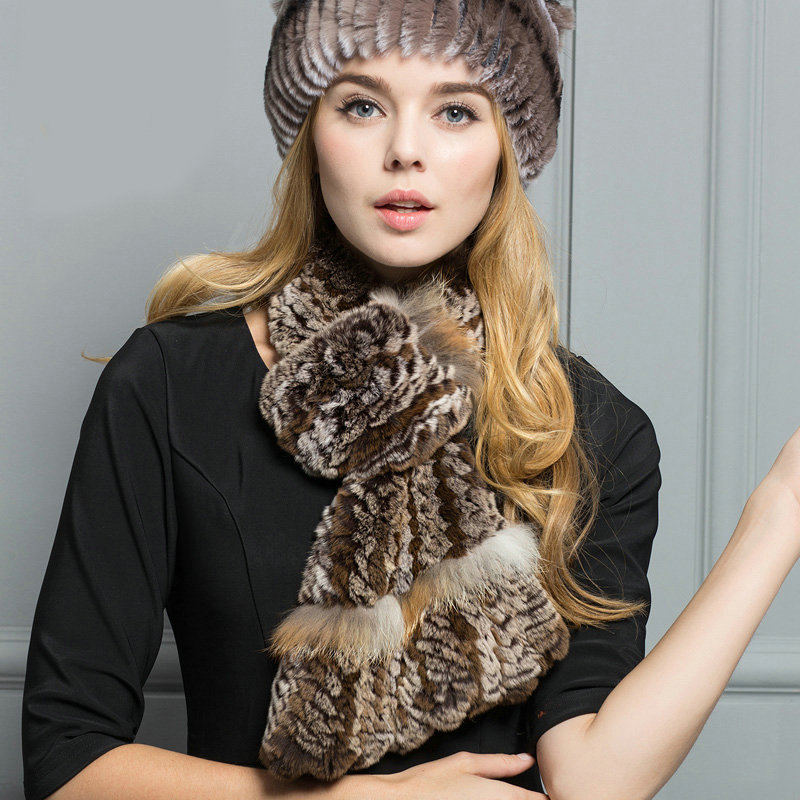 Top Grade Rex Rabbit Fur Scarf Women Winter Neck Wrap Knitted Fishtail Fur Muffler - Coffee