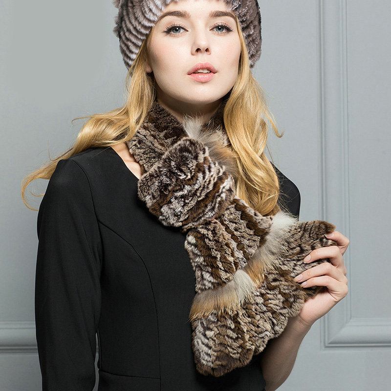 Top Grade Rex Rabbit Fur Scarf Women Winter Neck Wrap Knitted Fishtail Fur Muffler - Coffee