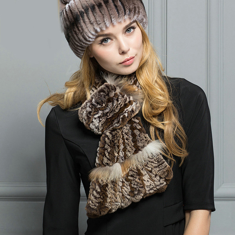 Top Grade Rex Rabbit Fur Scarf Women Winter Neck Wrap Knitted Fishtail Fur Muffler - Coffee