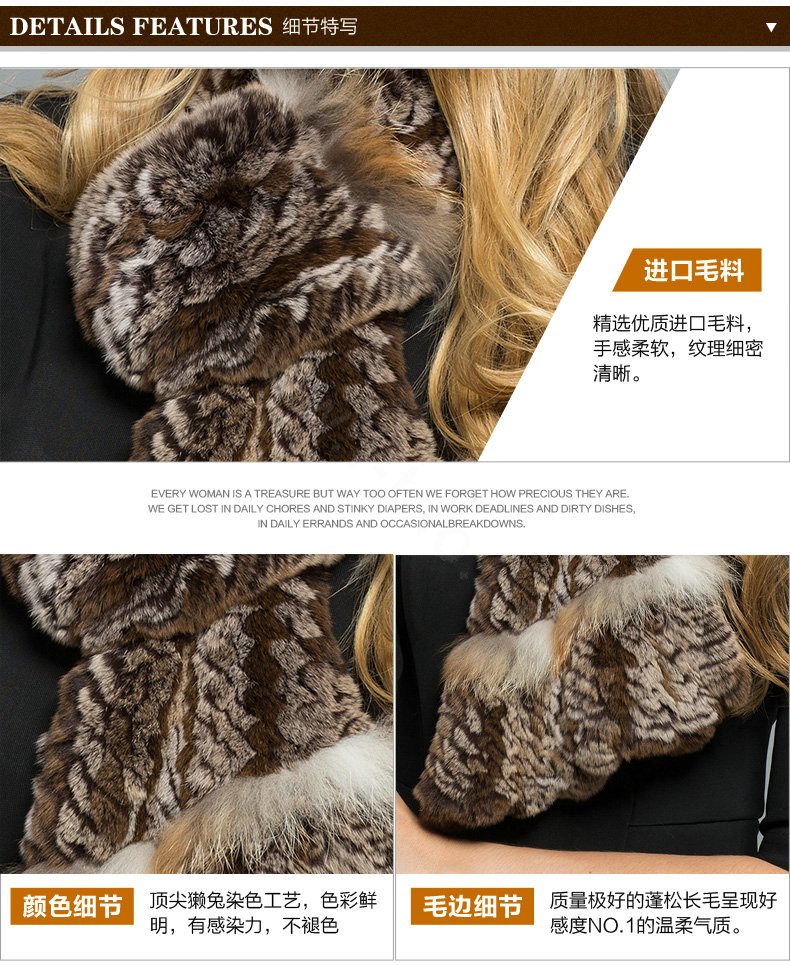 Top Grade Rex Rabbit Fur Scarf Women Winter Neck Wrap Knitted Fishtail Fur Muffler - Coffee