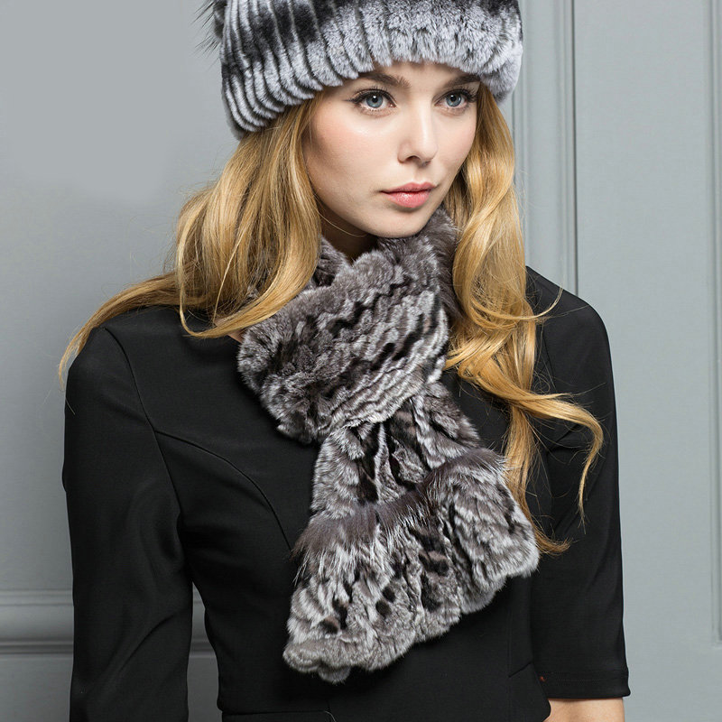 Top Grade Rex Rabbit Fur Scarf Women Winter Neck Wrap Knitted Fishtail Fur Muffler - Gray