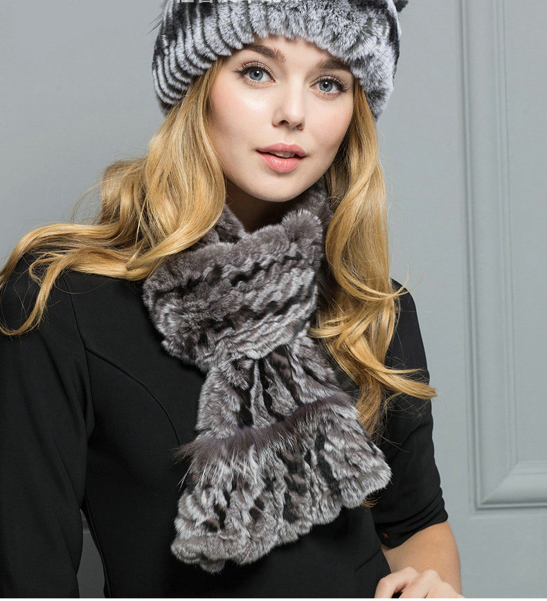 Top Grade Rex Rabbit Fur Scarf Women Winter Neck Wrap Knitted Fishtail Fur Muffler - Gray