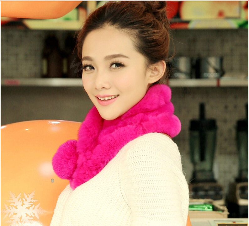 Top Grade Short Knitted Rex Rabbit Fur Scarf Women Winter Thicken Fur Collar - Rose