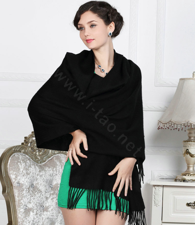 Top Grade Solid Color Long Wool Shawls Cashmere Scarf Women Winter Thicken Tassels Cape - Black