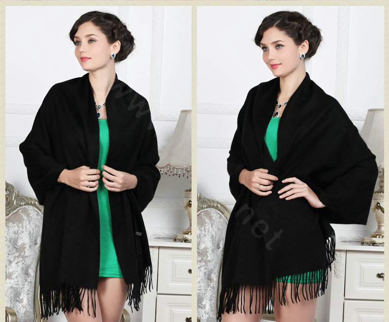 Top Grade Solid Color Long Wool Shawls Cashmere Scarf Women Winter Thicken Tassels Cape - Black