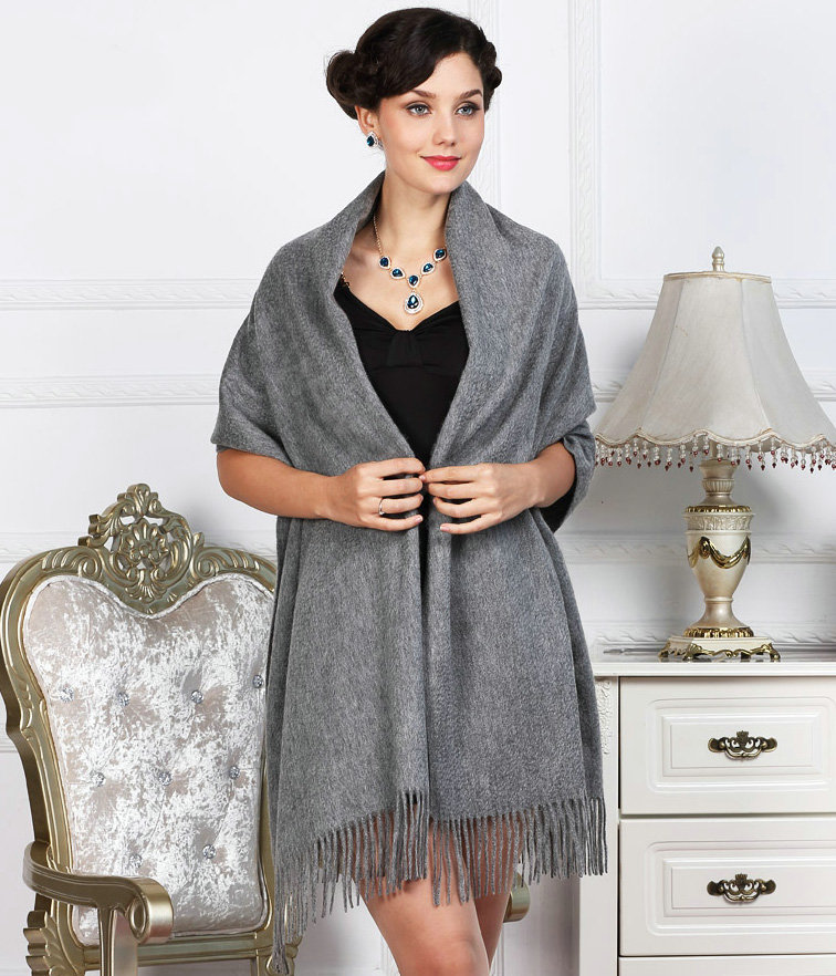 Top Grade Solid Color Long Wool Shawls Cashmere Scarf Women Winter Thicken Tassels Cape - Gray