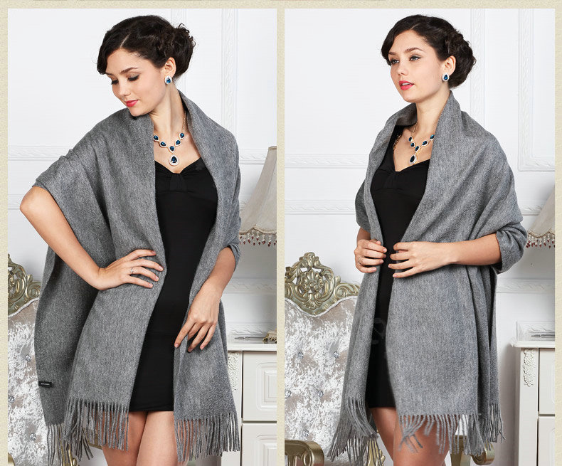 Top Grade Solid Color Long Wool Shawls Cashmere Scarf Women Winter Thicken Tassels Cape - Gray
