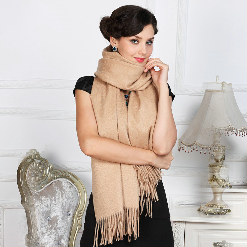 Top Grade Solid Color Long Wool Shawls Cashmere Scarf Women Winter Thicken Tassels Cape - Khaki