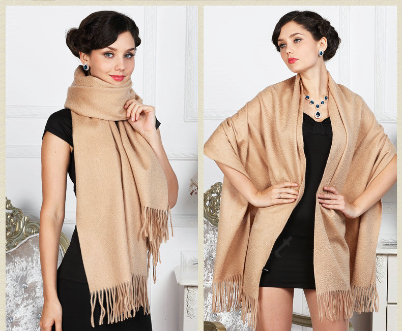 Top Grade Solid Color Long Wool Shawls Cashmere Scarf Women Winter Thicken Tassels Cape - Khaki