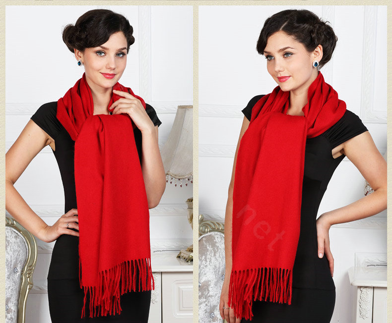Top Grade Solid Color Long Wool Shawls Cashmere Scarf Women Winter Thicken Tassels Cape - Red