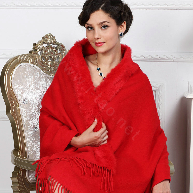 Top Grade Solid Color Wool Shawls Rex Rabbit Fur Collar Scarf Women Thicken Tassels Bride Cape - Red
