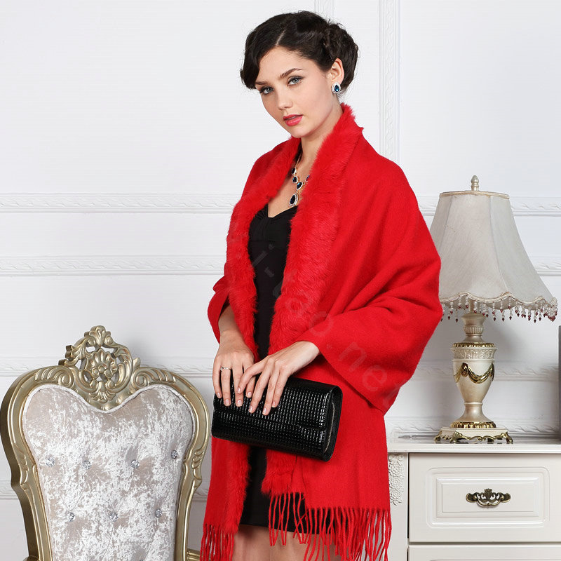 Top Grade Solid Color Wool Shawls Rex Rabbit Fur Collar Scarf Women Thicken Tassels Bride Cape - Red
