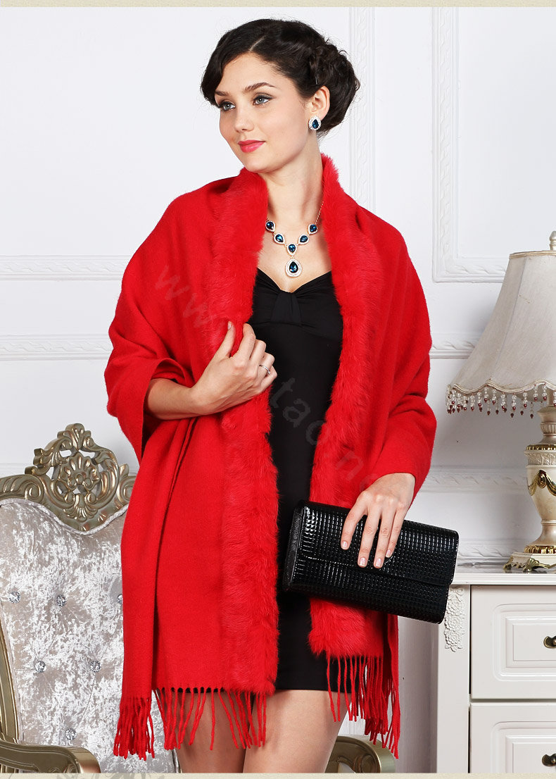 Top Grade Solid Color Wool Shawls Rex Rabbit Fur Collar Scarf Women Thicken Tassels Bride Cape - Red