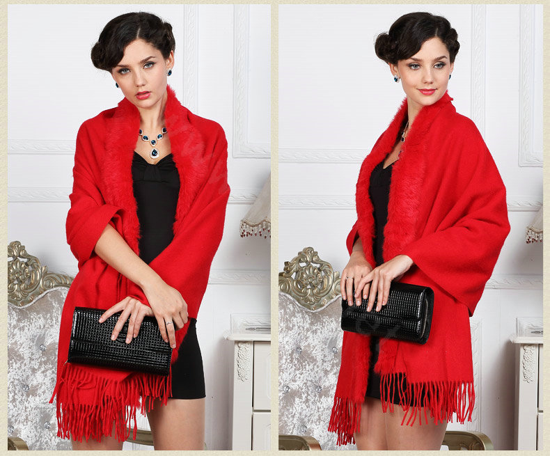 Top Grade Solid Color Wool Shawls Rex Rabbit Fur Collar Scarf Women Thicken Tassels Bride Cape - Red